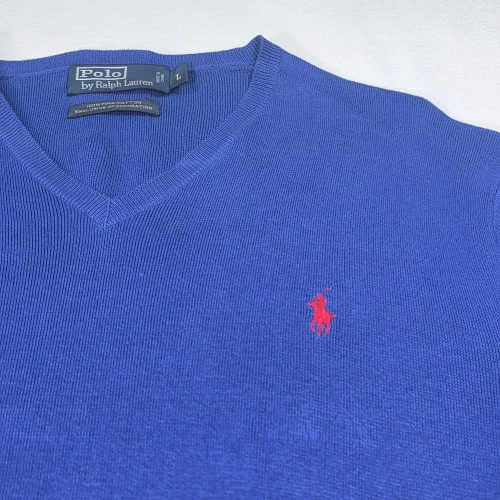 Vintage Y2K RALPH LAUREN POLO Jumper Sweater V-Neck Blue Size L‎ Pima Cotton